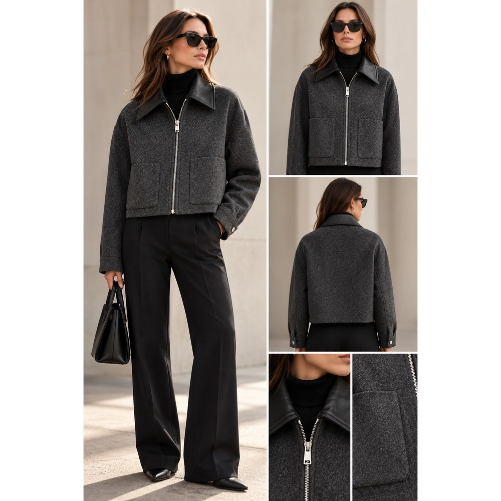 Nanushka Phebe Cropped Jacket Grey Wool Silk Zip Up Regen Leather XS Retail $745